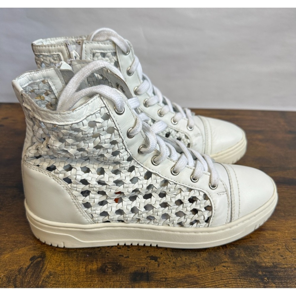 Free People Hayes High Top Sneakers White Woven Leather Lace Up Side Zip Size 8 - Picture 2 of 16